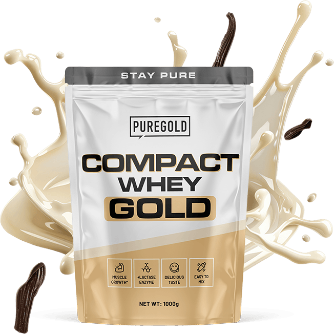 Gold Whey protein powder package with chocolate and pistachios